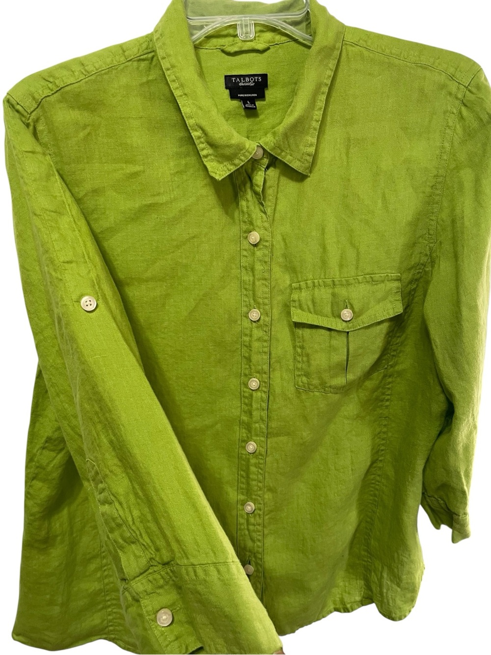 Talbots pure Irish Linen roll tab sleeve linen Shirt woman’s Sz L green